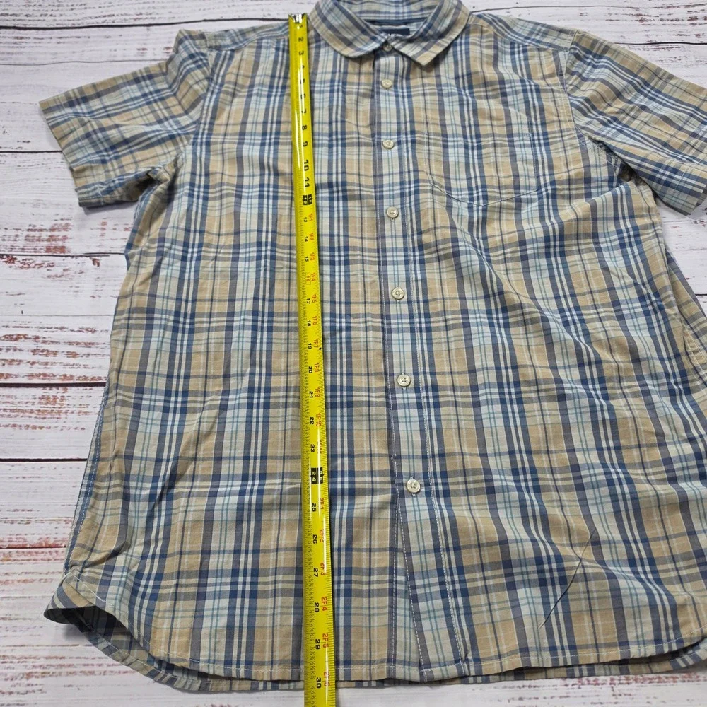 The North Face Button Up Shirt Mens L Blue Tan Excellent Plaid Short Sleeve